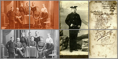Historische Fotos in einer Collage: Ein sepiafarbenes Familienporträt und dessen restaurierte Schwarz-Weiß-Version, ein Porträt eines Seemanns und die Rückseite eines alten Fotos mit Aufschrift – alles Beispiele für die digitale Restaurierung durch Fotograf Michael Schalansky.